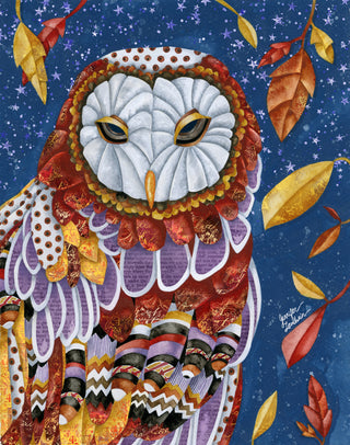 Owl Aura Art Print - Fall Autumn & Halloween Fall Leaves With Stars