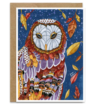 Owl Aura Greeting Card - Fall Leaves And Stars Art
