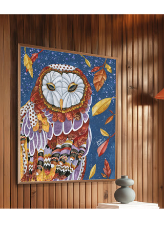 Owl Aura Art Print - Fall Autumn & Halloween Fall Leaves With Stars