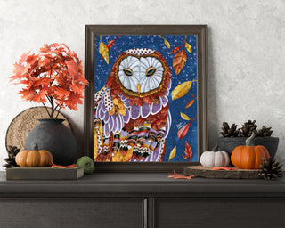 Owl Aura Art Print - Fall Autumn & Halloween Fall Leaves With Stars