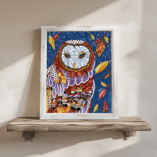 Owl Aura Art Print - Fall Autumn & Halloween Fall Leaves With Stars