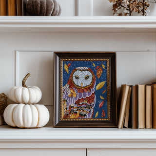 Owl Aura Art Print - Fall Autumn & Halloween Fall Leaves With Stars