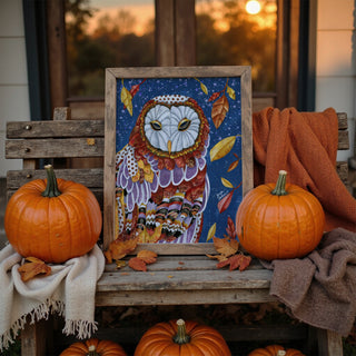Owl Aura Art Print - Fall Autumn & Halloween Fall Leaves With Stars