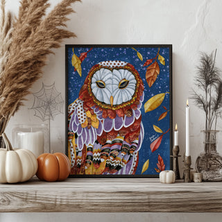 Owl Aura Art Print - Fall Autumn & Halloween Fall Leaves With Stars