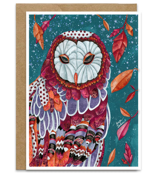 Velvet Owl Greeting Card - Fall Leaves And Stars Art
