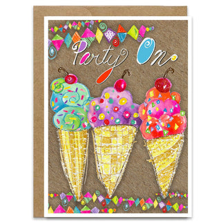 Greeting card with ice cream cones and 'Party On' text on a brown background