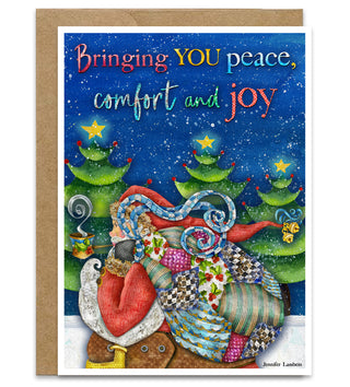Peace & Joy Santa Greeting Card - Christmas Tree Winter Scene