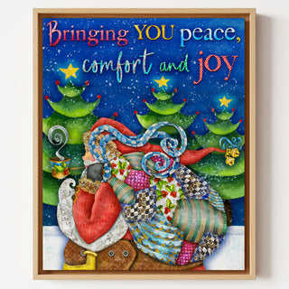 Peace & Joy Santa Art Print - Christmas Tree Winter Scene