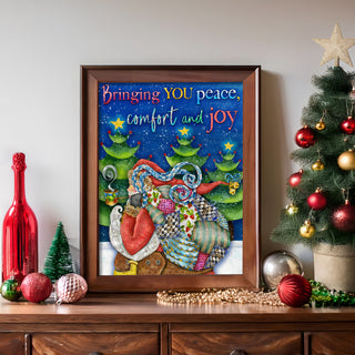 Peace & Joy Santa Art Print - Christmas Tree Winter Scene