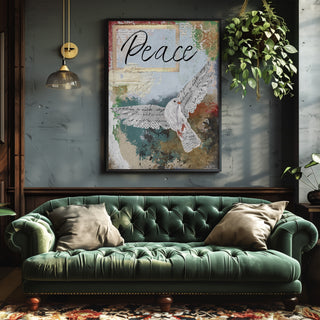 Green sofa in a room with a 'Peace' themed wall art above it.