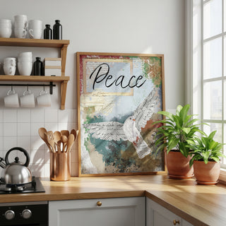 Kitchen counter with 'Peace' framed artwork, plants, and kitchen utensils.