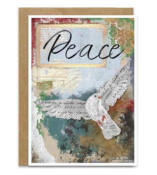 Greeting card with a dove and 'Peace' text on a textured background