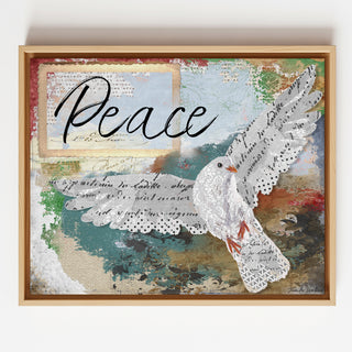 Decorative wall art with a dove and 'Peace' text on a textured background
