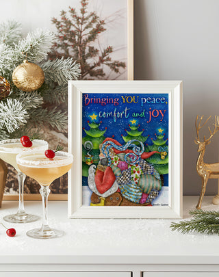 Peace & Joy Santa Art Print - Christmas Tree Winter Scene