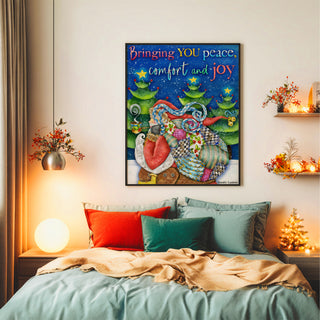Peace & Joy Santa Art Print - Christmas Tree Winter Scene
