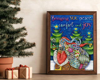 Peace & Joy Santa Art Print - Christmas Tree Winter Scene