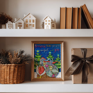 Peace & Joy Santa Art Print - Christmas Tree Winter Scene