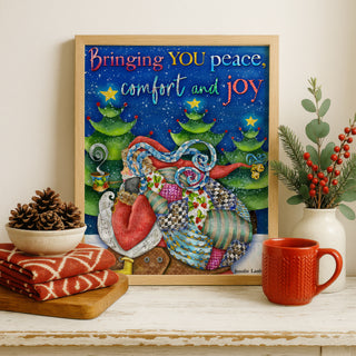 Peace & Joy Santa Art Print - Christmas Tree Winter Scene