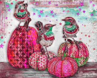 Pink Pumpkins & Minty Birds Art Print - Fall Autumn And Halloween Stars