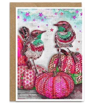 Pink Pumpkins & Minty Birds Greeting Card - Autumn And Halloween Art