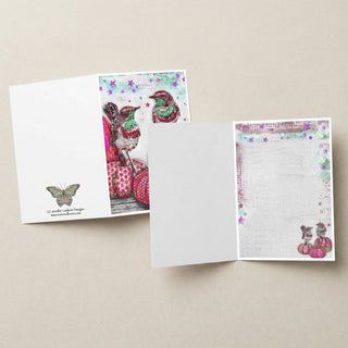 Pink Pumpkins & Minty Birds Greeting Card - Autumn And Halloween Art