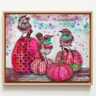 Pink Pumpkins & Minty Birds Art Print - Fall Autumn And Halloween Stars