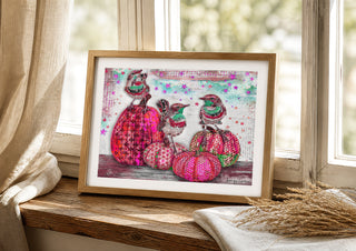 Pink Pumpkins & Minty Birds Art Print - Fall Autumn And Halloween Stars