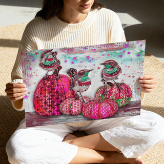 Pink Pumpkins & Minty Birds Art Print - Fall Autumn And Halloween Stars