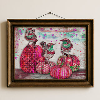 Pink Pumpkins & Minty Birds Art Print - Fall Autumn And Halloween Stars