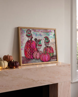 Pink Pumpkins & Minty Birds Art Print - Fall Autumn And Halloween Stars