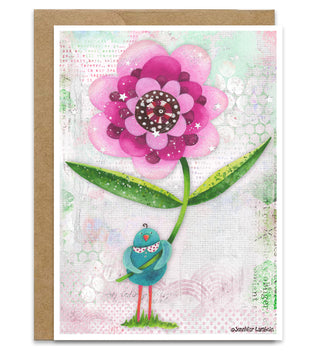 Pink Wonder Wildflower Blue Bird Greeting Card - Blank Art Notecard