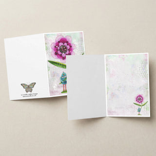 Pink Wonder Wildflower Blue Bird Greeting Card - Blank Art Notecard