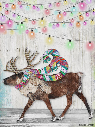 Festive reindeer with colorful scarf surrounded by string lights.
