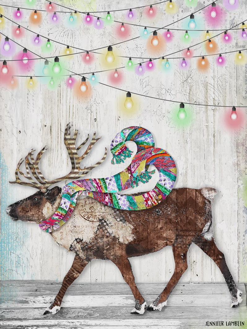 Festive reindeer with colorful scarf surrounded by string lights.