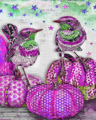 Purple Pumpkins & Minty Birds Art Print - Fall & Halloween Stars