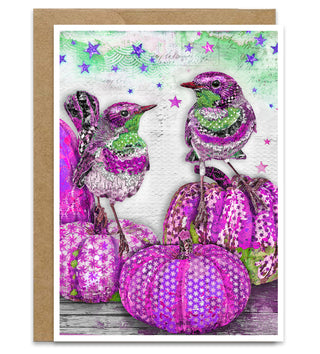 Purple Pumpkins & Minty Birds Greeting Card - Autumn And Halloween Art
