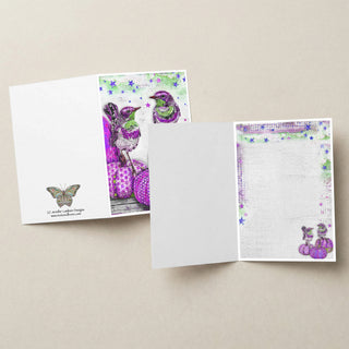 Purple Pumpkins & Minty Birds Greeting Card - Autumn And Halloween Art