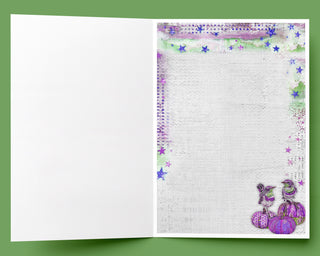 Purple Pumpkins & Minty Birds Greeting Card - Autumn And Halloween Art