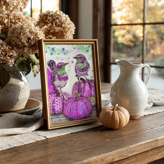 Purple Pumpkins & Minty Birds Art Print - Fall & Halloween Stars