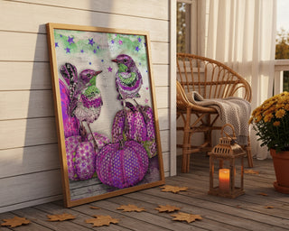 Purple Pumpkins & Minty Birds Art Print - Fall & Halloween Stars