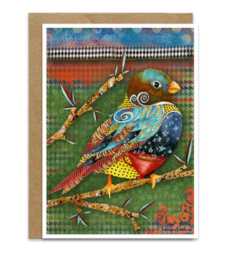 A greeting card featuring a colorful stylized coffee or tea bird perched on branches, shown with a kraft envelope behind it on a white background. Artwork by Jennifer Lambein. 