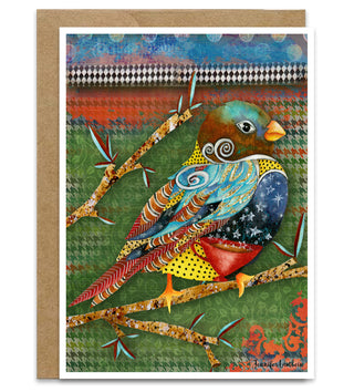 Rad Autumn Coffee Bird Greeting Card - Fall Tea Cup & Stars Art