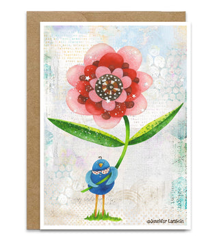 A whimsical watercolor black greeting card with a cute watercolor blue bird holding a brightly colored pink and red wildflower. Artwork by Jennifer Lambein. 