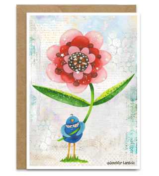 Red Wonder Wildflower Blue Bird Greeting Card - Blank Art Notecard