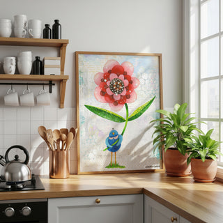 Red Wonder Wildflower Blue Bird Art Print - Bright Garden Home