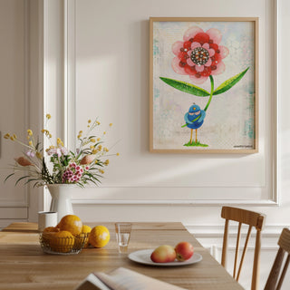 Red Wonder Wildflower Blue Bird Art Print - Bright Garden Home