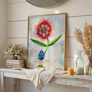 Red Wonder Wildflower Blue Bird Art Print - Bright Garden Home