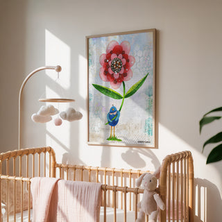 Red Wonder Wildflower Blue Bird Art Print - Bright Garden Home