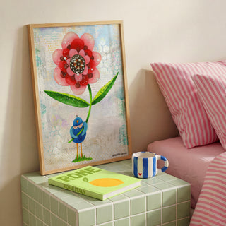 Red Wonder Wildflower Blue Bird Art Print - Bright Garden Home