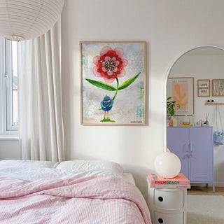 Red Wonder Wildflower Blue Bird Art Print - Bright Garden Home